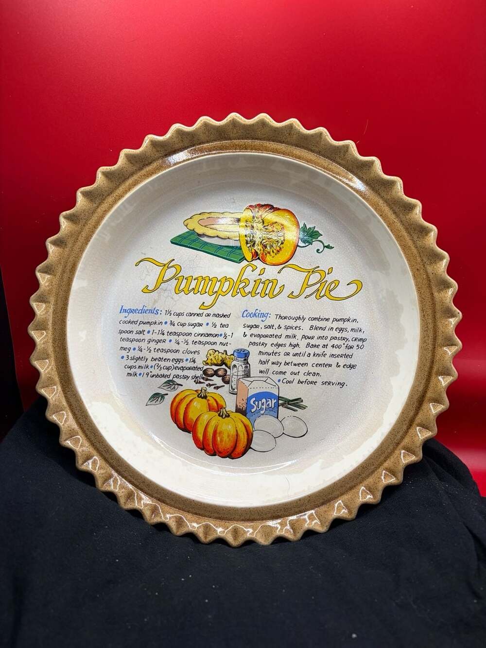 Vintage Pumpkin Pie Recipe Ceramic Baking Pie Plate Pan